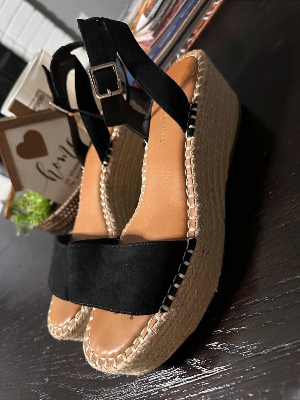 Kelly & Katie Black Espadrille Platform Wedge Sandals Ankle Strap Size 9